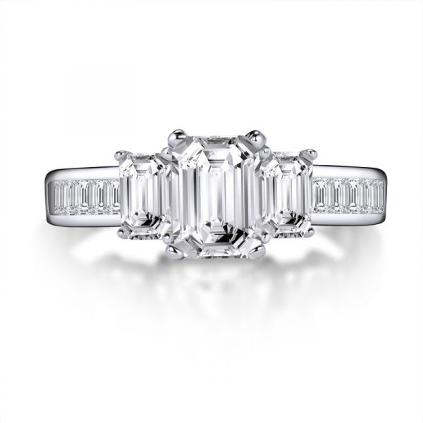 Sterling Silver Three Stone Emerald Cut Engagement Ring