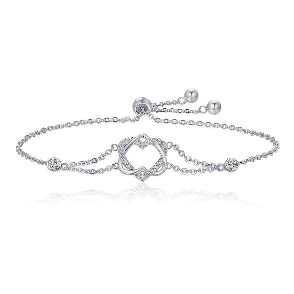 Sterling Silver Delicate Double Heart Design Round Cut Bolo Bracelet