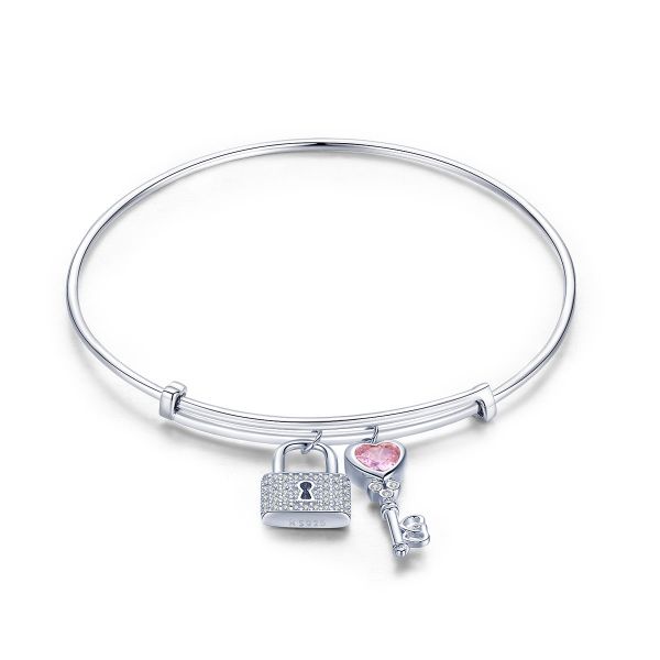 Sterling Silver Exquisite Key And Lock Design Heart Cut Bangle Bracelet