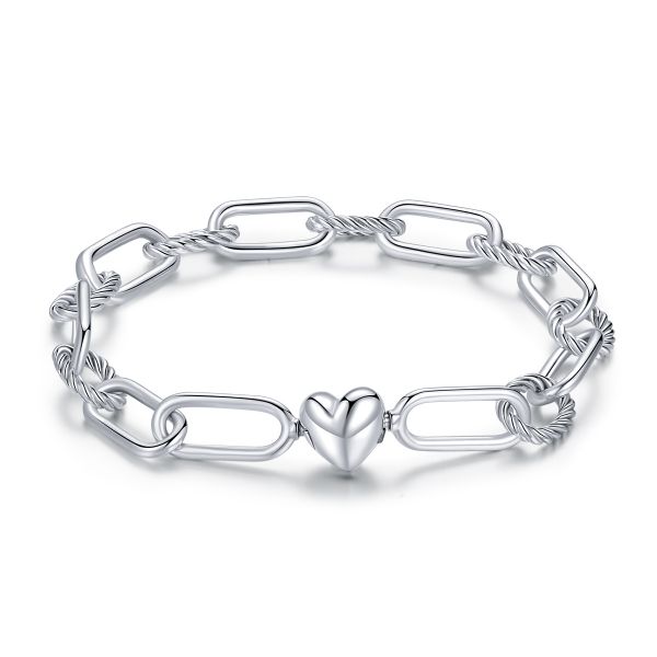 Sterling Silver Elegant Chain Link With Heart Shape Design Bangle Bracelet