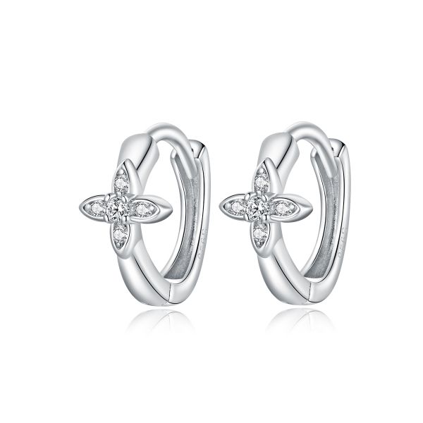 Sterling Silver Elegant Flower Design Round Cut Hoop Earrings