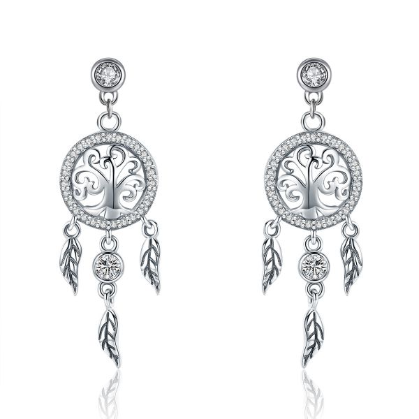 Sterling Silver Elegant Family Tree Design Halo Round Cut Drop Earrings