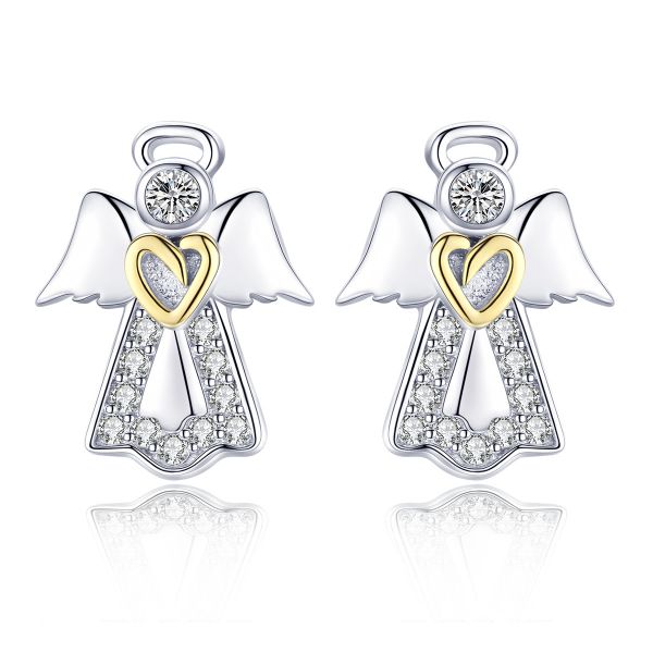 Sterling Silver Two Tone Angel Wings Inspired Round Cut Stud Earrings