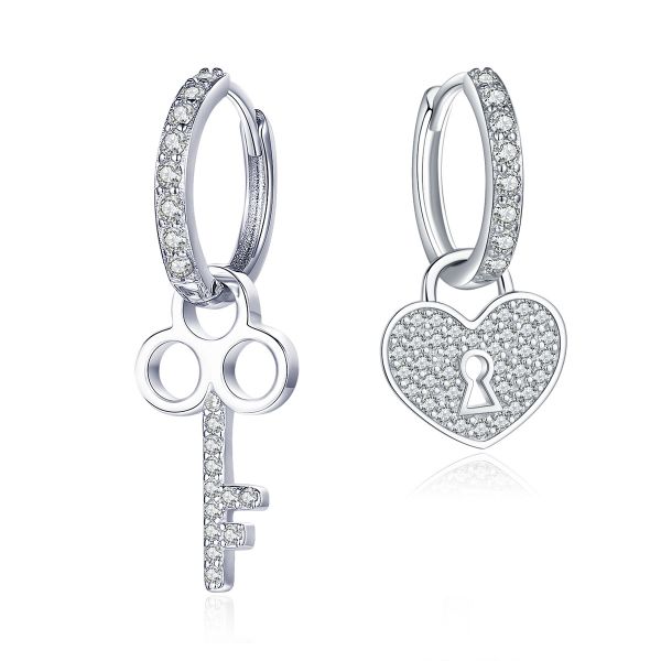 Sterling Silver Classic Heart Key Inspired Round Cut Drop Earrings