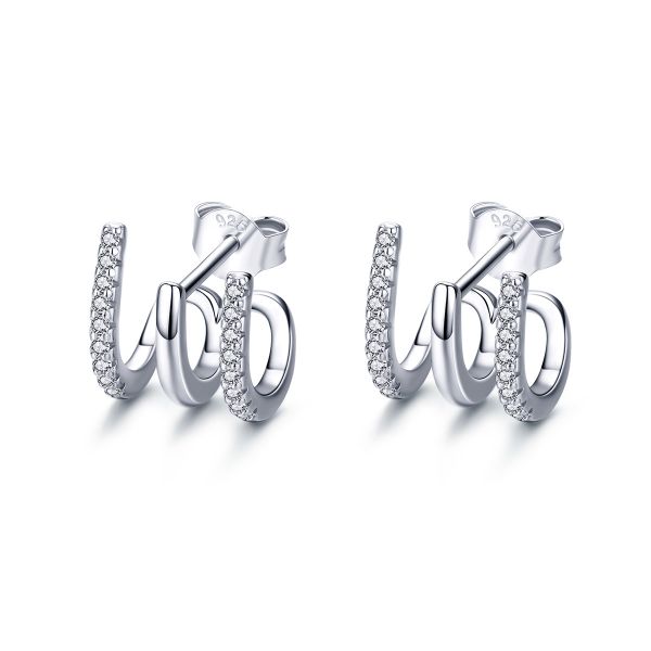 Sterling Silver Elegant Three Row Round Cut Stud Earrings