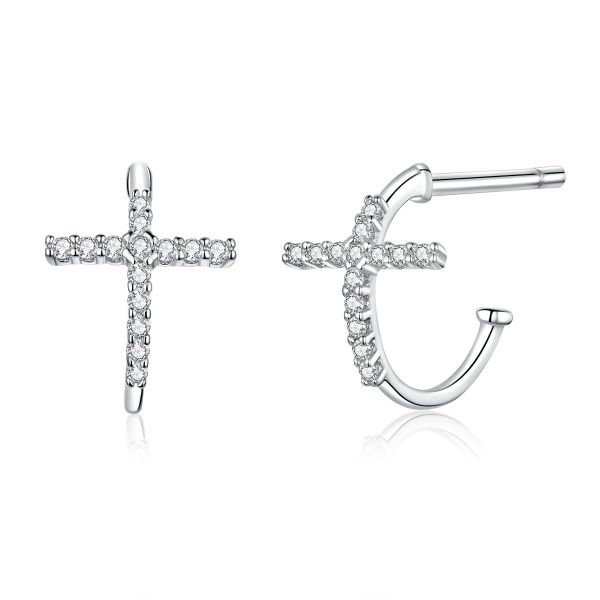 Sterling Silver Classic Cross Design Round Cut Stud Earrings