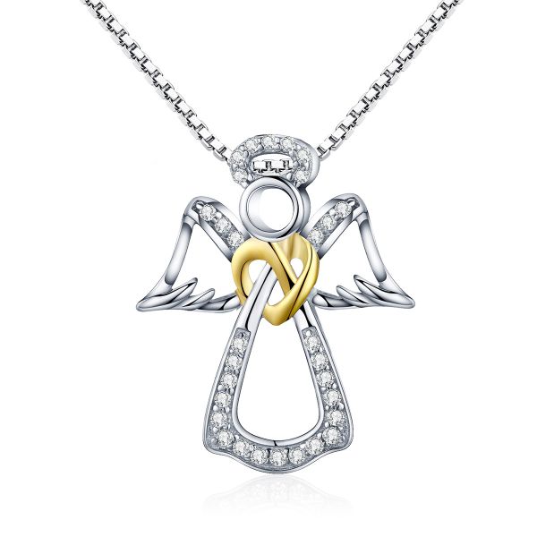 Sterling Silver Elegant Angle Wings Heart Two Tone Round Cut Necklace