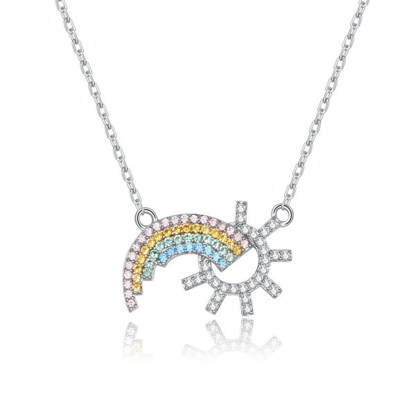 Sterling Silver Elegant Rainbow With Sun Design Round Cut Necklace