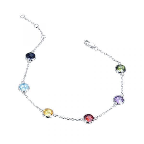 Sterling Silver Elegant Multi Color Round Cut Bolo Bracelet