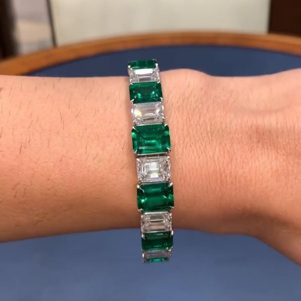25ctw Emerald Cut Emerald Green & White Sapphire Handmade Bracelet