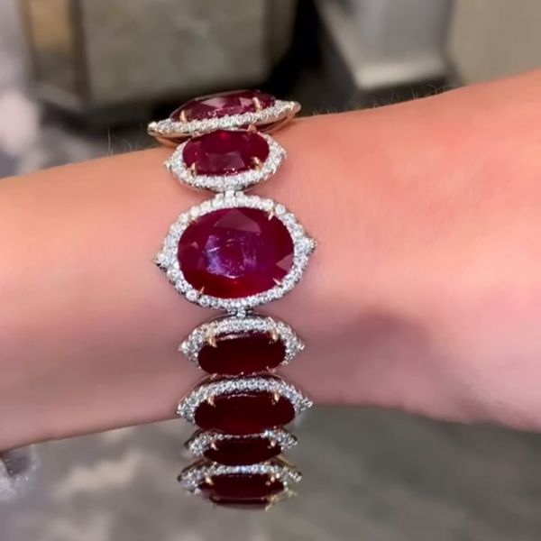 58ctw Oval Cut Ruby With A Round Cut White Sapphires Halo Handmade Bracelet