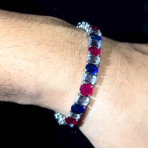 30ctw Oval Cut Diamond & Ruby & Sapphire Sterling Silver Handmade Bracelet