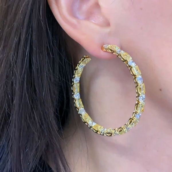10.5ct Cushion And Round Cut Yellow Sapphires Hoop Earrings
