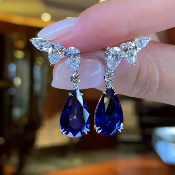 10ct Pear Cut Blue Sapphire Drop Earrings