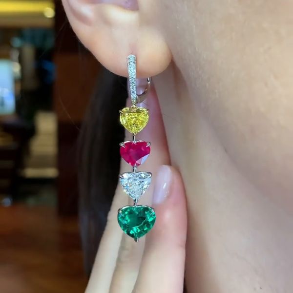 13ct Heart Cut Ruby Emerald Yellow White Sapphire Drop Earrings