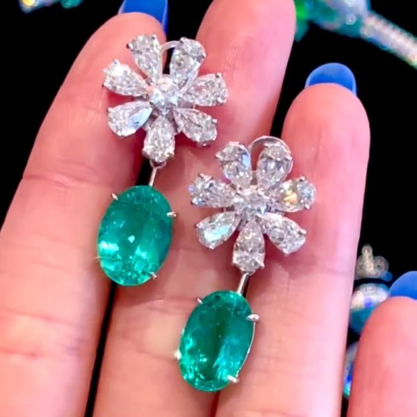 5.5ct Oval Cut Paraiba Tourmaline Flower Diamonds Drop Earrings