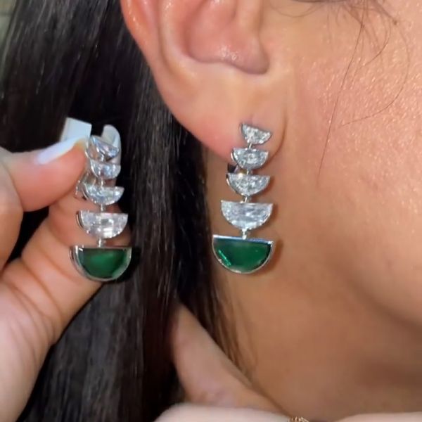 15.5ctw Half-Moon Shape Emeralds and White Sapphire Handmade Drop Earrings