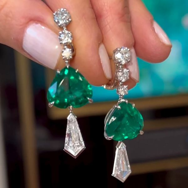 13.5ctw Heart Cut Emerald and Round Kite Shape White Sapphire Drop Earrings