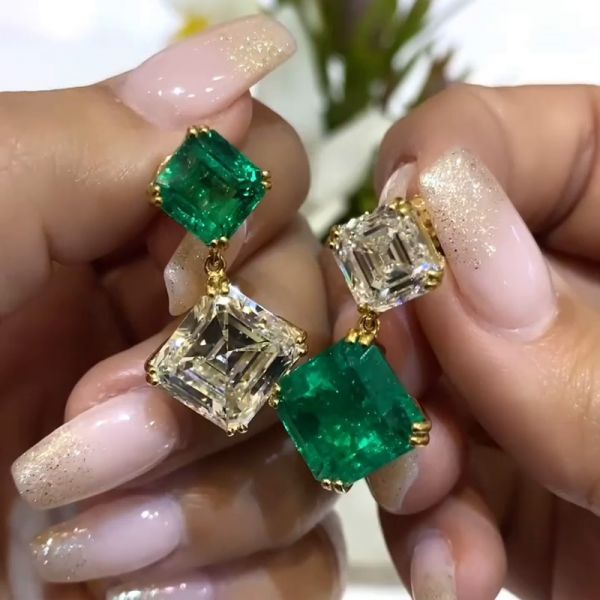 12ct Asscher Cut Emerald and White Sapphire Yellow Gold Drop Earrings 