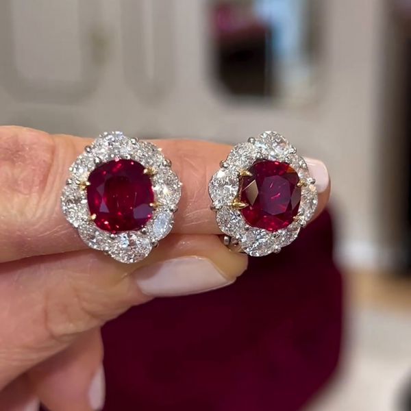 3ct Cushion Cut Ruby With Oval Cut White Sapphire Halo Stud Earrings