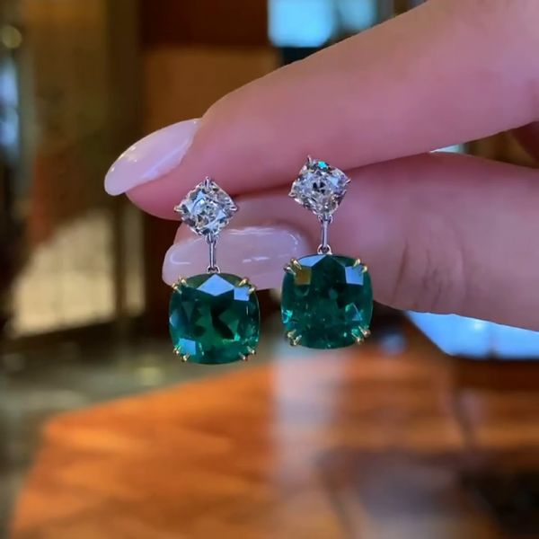 9ctw Cushion Cut Emerald & White Sapphire Two Tone Drop Earrings