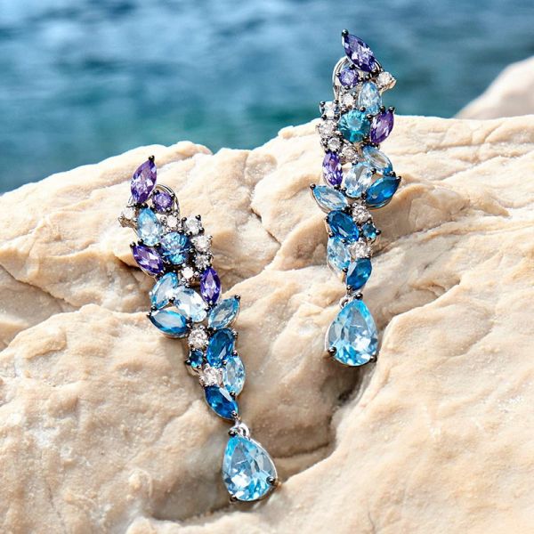 5.5ctw Multi-Shape Cut Clusters of Blue Gemstones Sea Wave Dangling Earrings