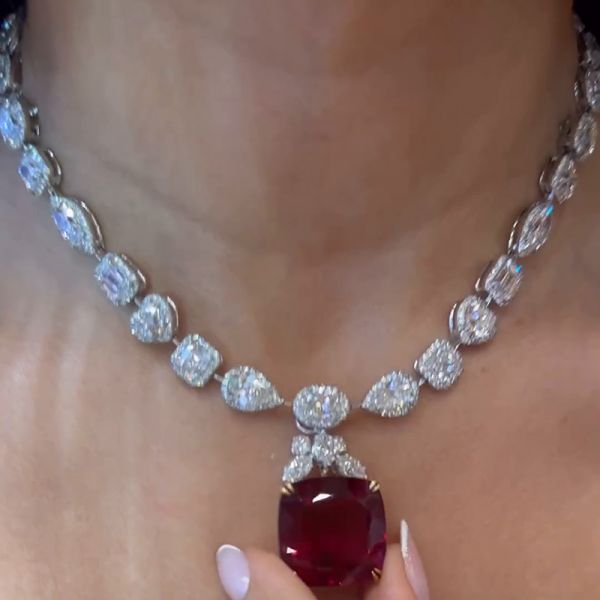 15ct Cushion Cut Ruby & Multi-cut White Sapphire Halo Paved Handmade Pendant Necklace