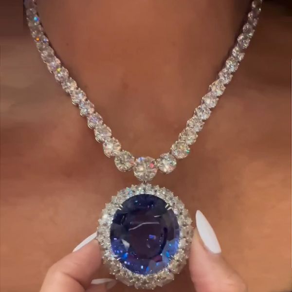 45ct Oval Cut Blue Sapphire Double Halo Handmade Necklace