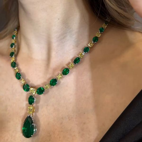 120ctw Pear & Oval Cut Emerald Along With Cushion Cut Yellow Sapphire Pendant Necklace