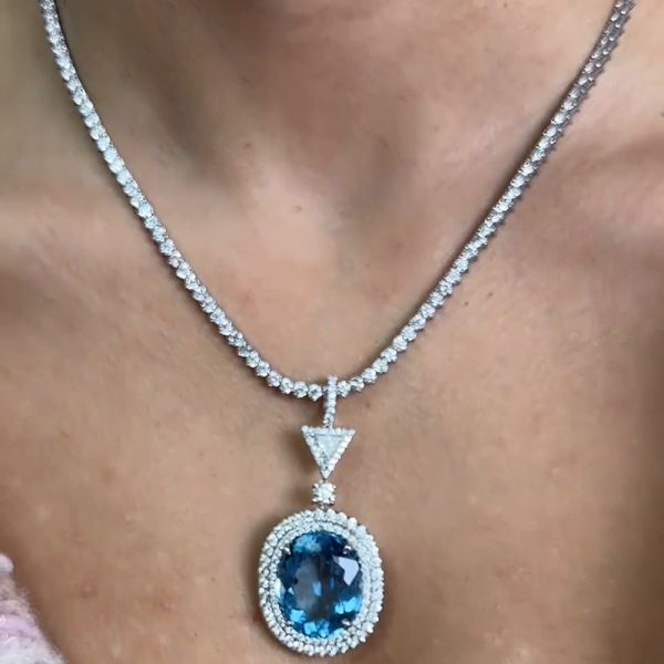 13ct Oval Cut Aquamarine Double Halo Pendant Necklace