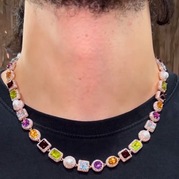 97.6ctw Multi-Shape Cut Peridot Garnet Citrine Amethyst Blue Sapphire & Pearls Halo Rose Gold Men's Necklace