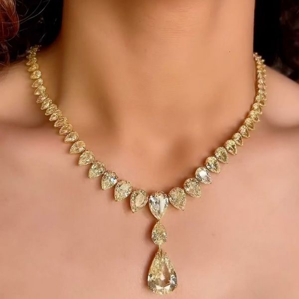 60ctw Pear Cut Fancy Yellow Sapphire Handmade Rivière Necklace