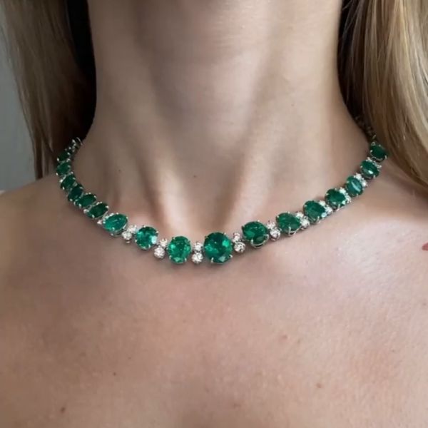 60ctw Oval Cut Emerald Alternate with Pairs of White Sapphire Handmade Necklace