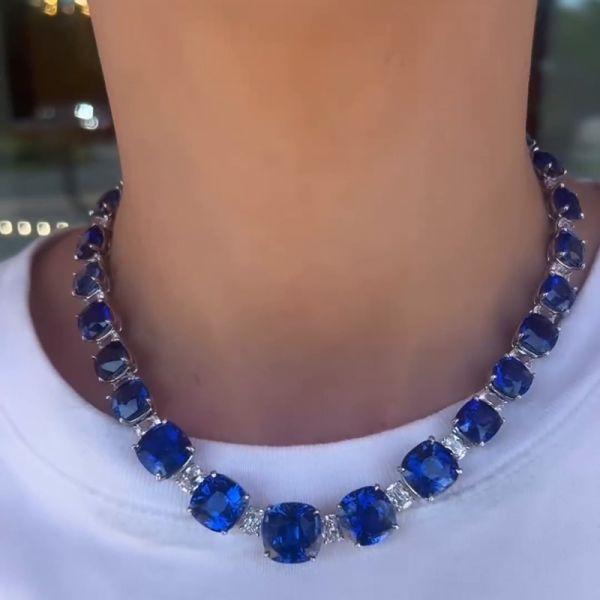 150ctw Cushion Cut Blue Sapphire Handmade Necklace