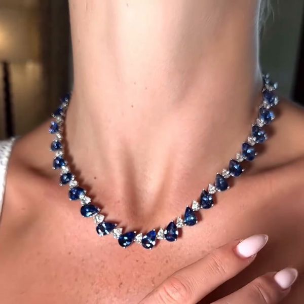 55ctw Pear Cut White & Blue Sapphire Handmade Necklace