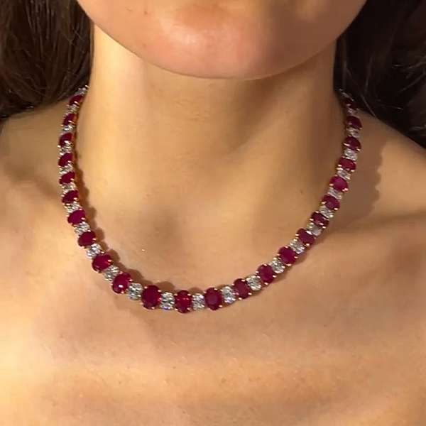 60ctw Oval Cut Ruby & Diamond Handmade Rivière Necklace