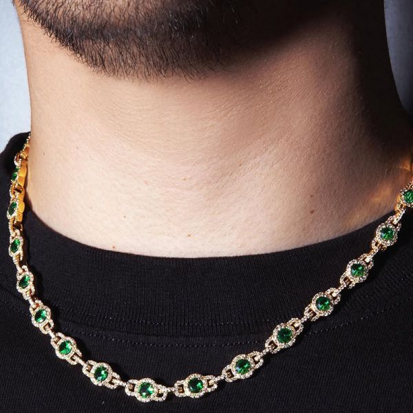 38ctw Round Cut Emerald Halo Pave Set Yellow Gold Men's Canon Link Necklace