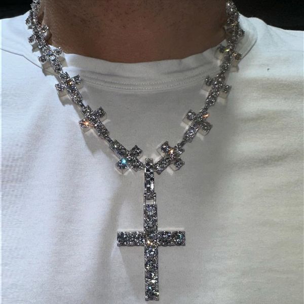 50ctw Round Cut White Sapphire Handmade Men's Cross Necklace 