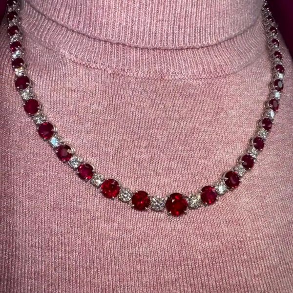 20ct Round Cut Ruby and Diamond Sterling Silver Necklace