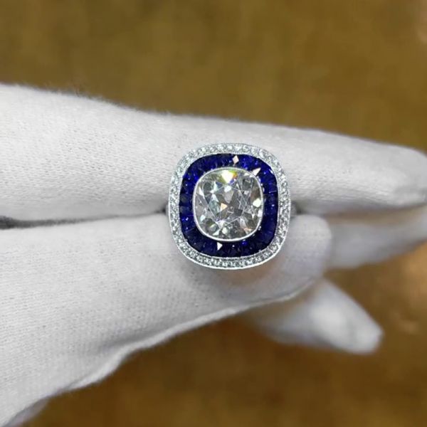 3.4ct Cushion Cut White Diamond Alongside Sapphires Vintage Engagement Ring