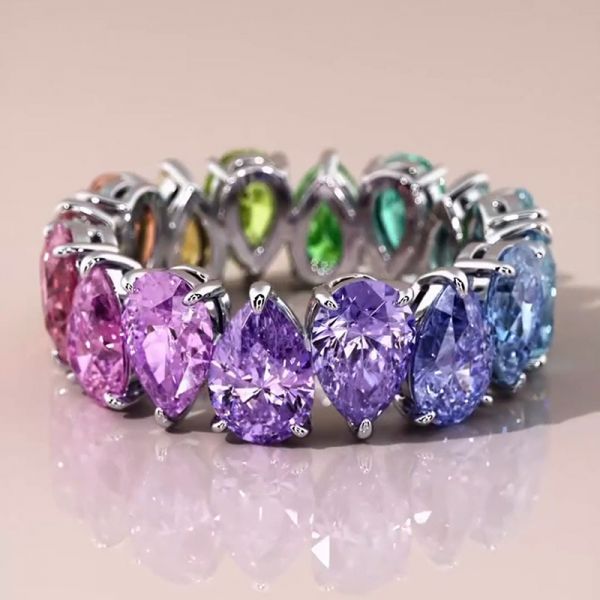 Pear Cut Rainbow Sapphire Eternity Wedding Band