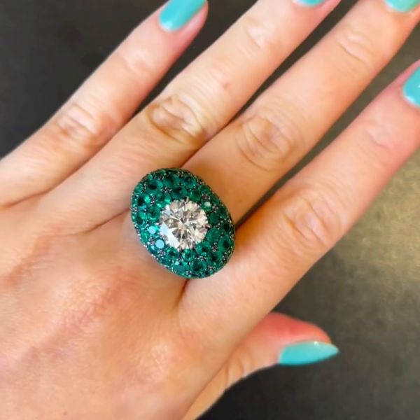 3ct Round Cut With A Dome of Round Cut Emeralds Cocktail Ring