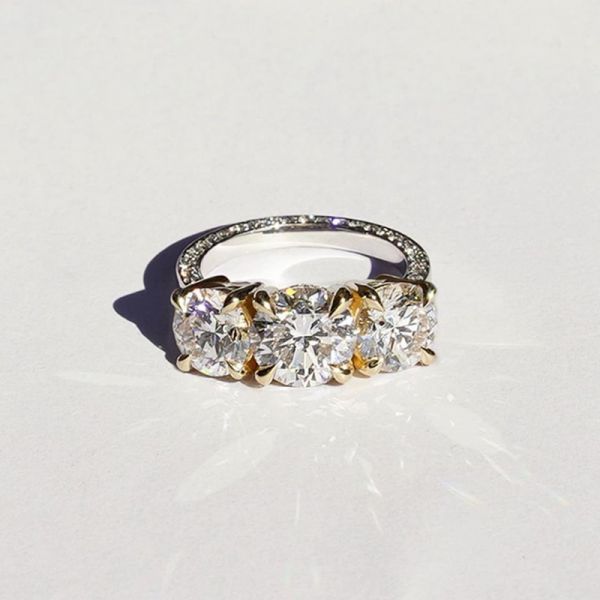 4.5ctw Round Cut White Sapphire Three Stone Two Tone Paved Engagement Ring