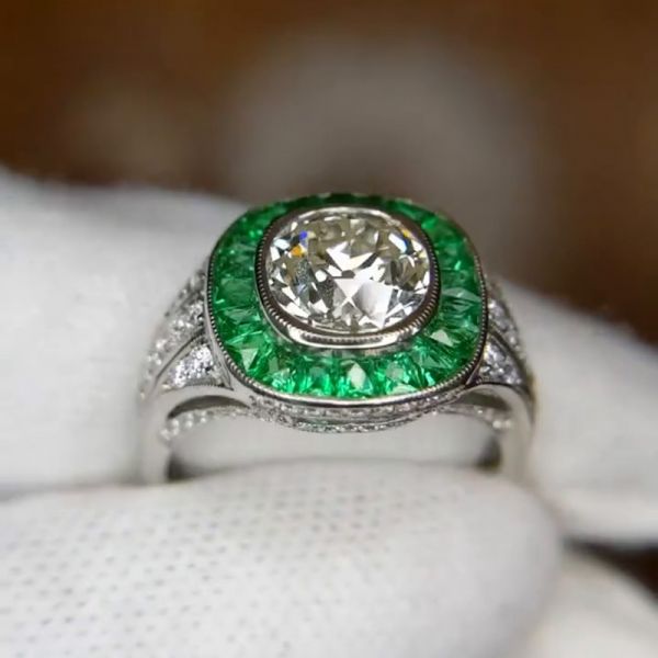 1.8ct Round Cut White Sapphire Emerald Halo Pave Handmade Engagement Ring