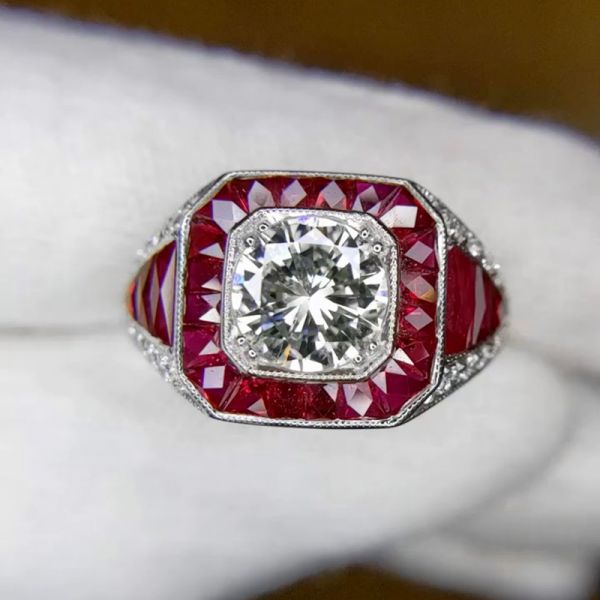 4.57ct Ruby and 1.52ct Round Cut White Sapphire Antique Engagement Ring