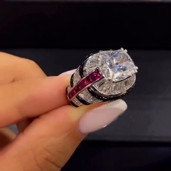 5ct Cushion Cut In A complex Setting Of Baguette White Sapphires Handmade Ring