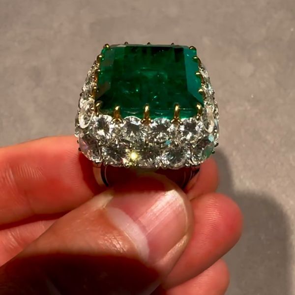 16ct Emerald Cut Vivid Green Emerald Double Halo Vintage Handmade Ring