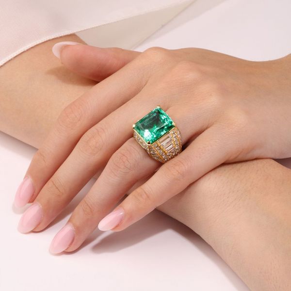 10.5ct Emerald Cut Green Sapphire Paved With Banquette Cut White Sapphires Handmade Ring