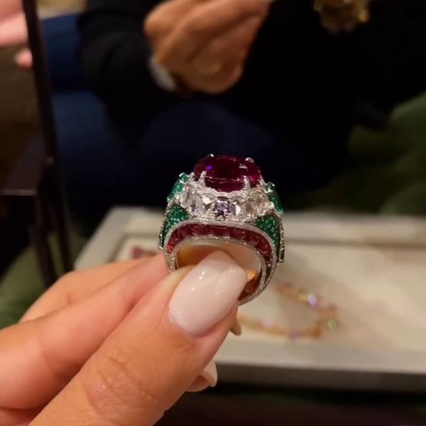 7ct Cushion Cut Ruby Surrounded By White Sapphires & Emeralds Sterling Silver Handmade Cocktail Ring