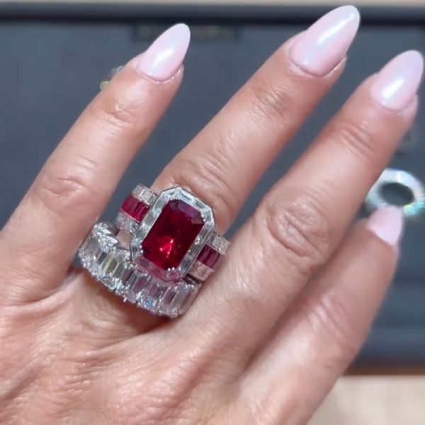 5.5ct Emerald Cut Ruby Accented With Baguette White Sapphire Eternity Rubies Band Handmade Cocktail Ring